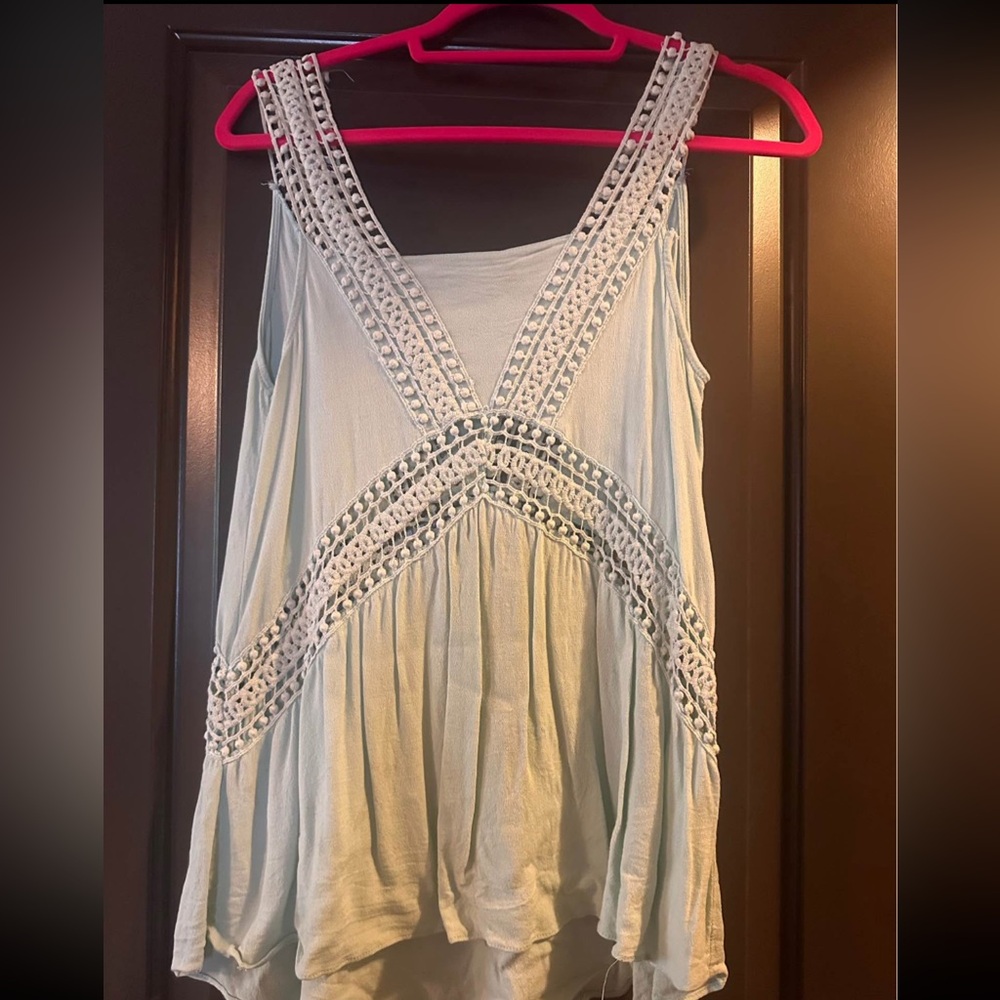 She + Sky Blue Asymmetrical Embellished Tank Top